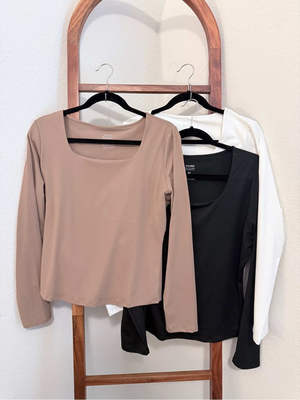 Essential Scoop Neck Long Sleeve Tops Set — Taupe/Brown, Black & White XL
